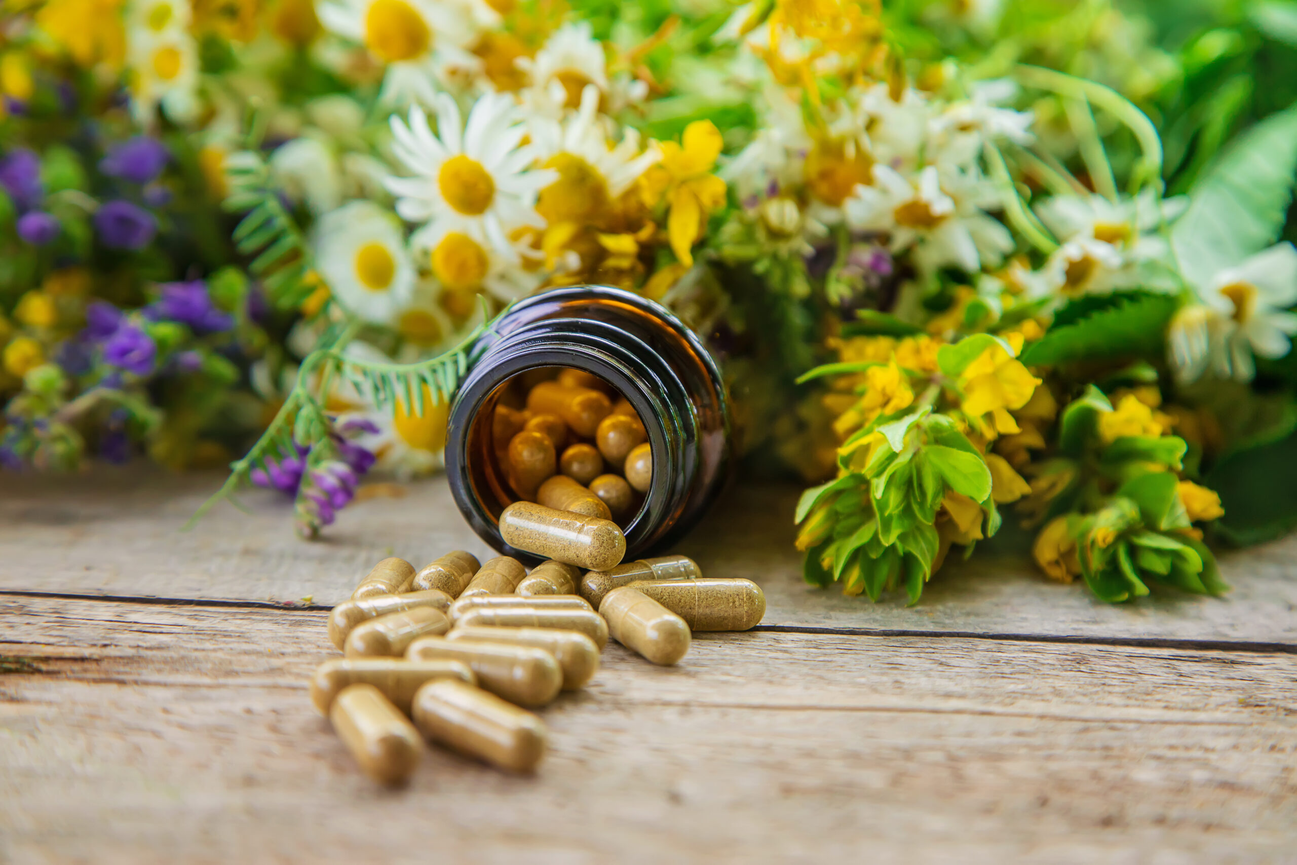 Supplements and vitamins with medicinal herbs. Selective focus.