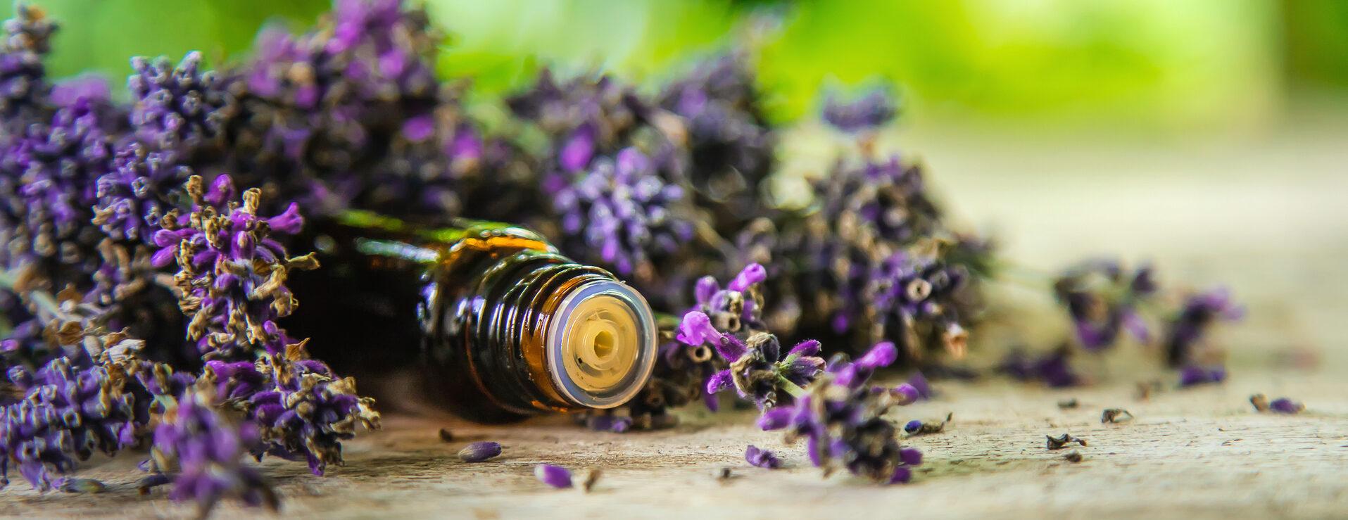 Lavender essential oil in a bottle. Selective focus.